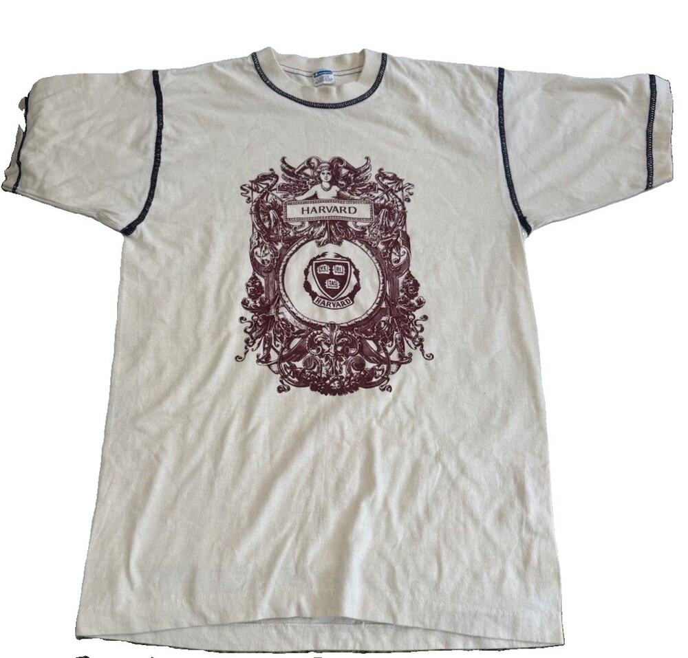 Vintage 70s Champion Harvard Crimson Ringer T Shirt 50/50 Single Stitch USA S